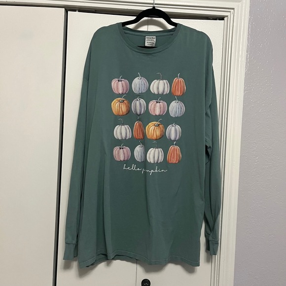 Comfort Wash Women's 3XL Green Hello Pumpkin Fall Long Sleeve T-Shirt - Picture 1 of 4